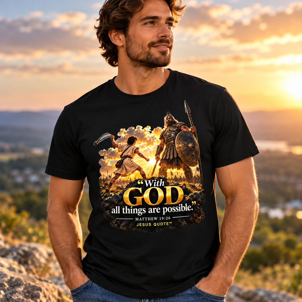 "With God All Things Are Possible"  David & Goliath Jesus Quote T-Shirt